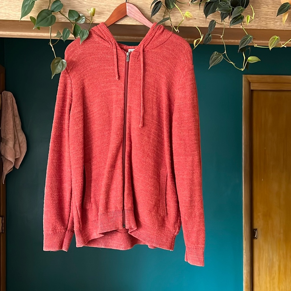 L.L. Bean Mens Textured Organic Cotton Hooded Full Zip Sweater Large red
